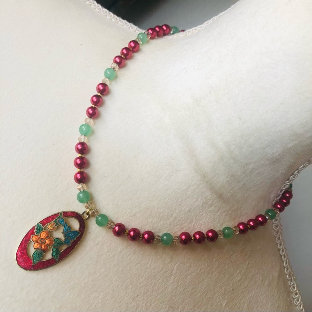 Handcrafted repurpose floral butterfly cloisonné Czech glass Pearl necklace